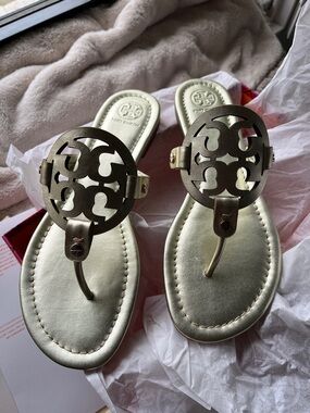 Tory Burch Gold Metallic Logo “Miller” Thong Sandals NIB